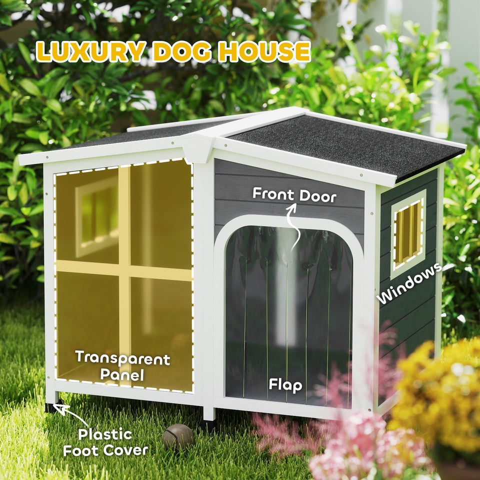 Cabin-Style Wooden Dog House for Large Dogs with Openable Roof & Giant Window, Dark Gray