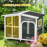Cabin-Style Wooden Dog House for Large Dogs with Openable Roof & Giant Window, Dark Gray