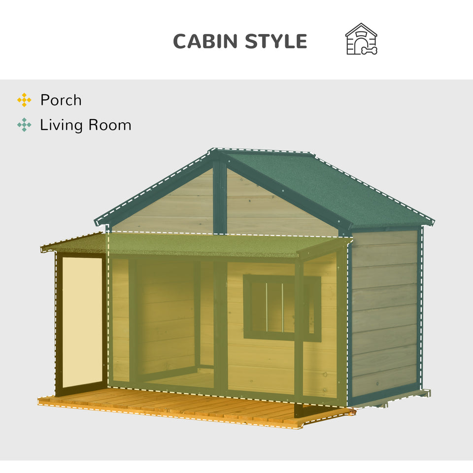 Outdoor Dog House Cabin Style, Wooden Raised Pet Kennel with Asphalt Roof, Front Door, Side Window, Porch for Medium and Large Dogs, Gray