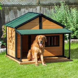 Outdoor Dog House Cabin Style, Wooden Raised Pet Kennel with Asphalt Roof, Front Door, Side Window, Porch for Medium and Large Dogs, Gray