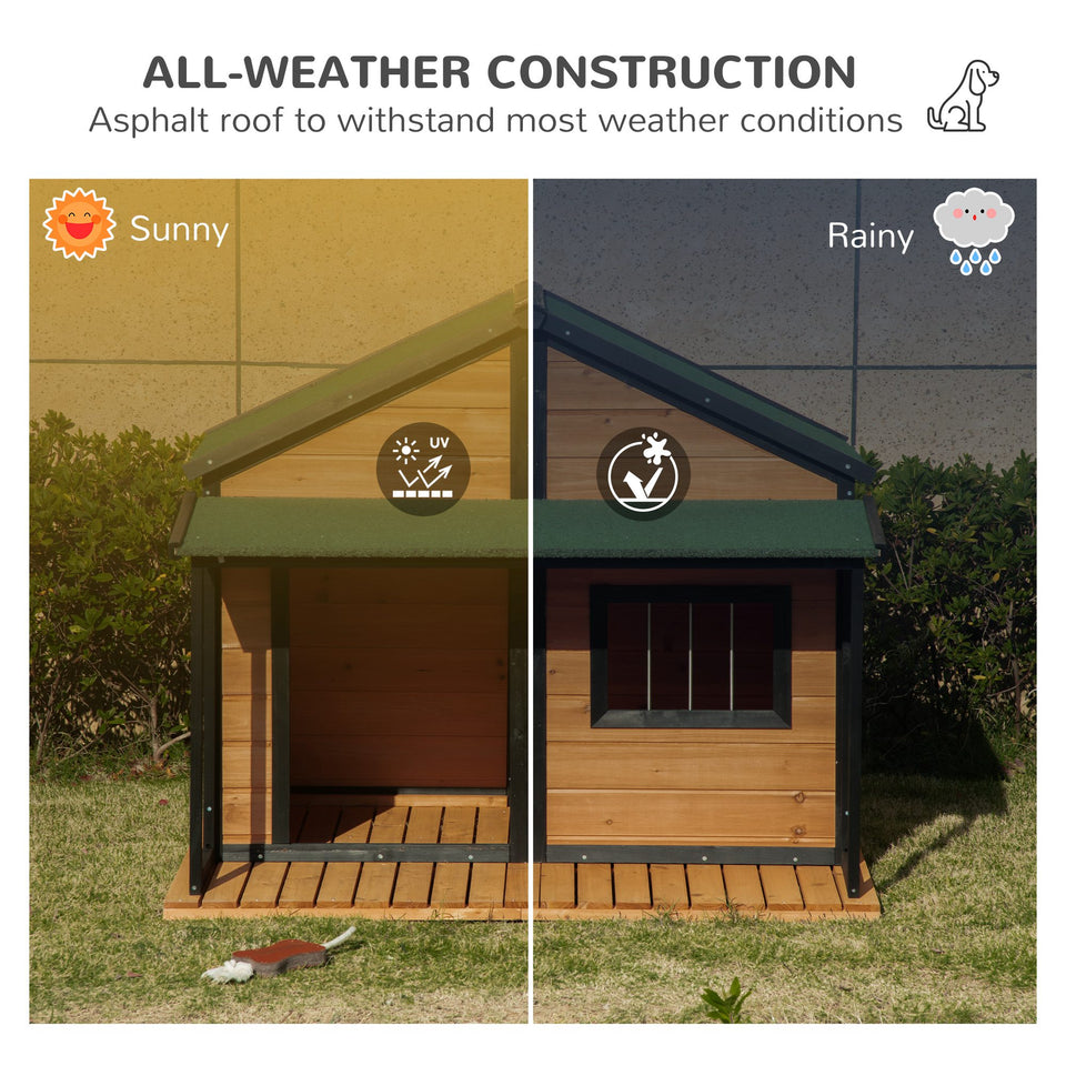 Outdoor Dog House Cabin Style, Wooden Raised Pet Kennel with Asphalt Roof, Front Door, Side Window, Porch for Medium and Large Dogs, Gray