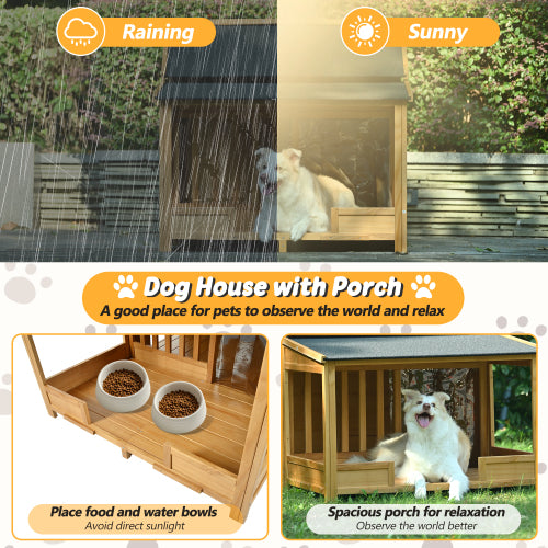 60.2  Large Outdoor Dog House With Insulated Liner For Winter Waterproof Dog Kennel For Medium & Large Dogs, Dog House With Porch And Asphalt Roof And Elevated Floor, Nature
